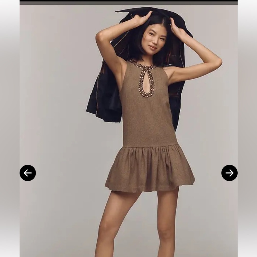 NWT ANTHROPOLOGIE Beaded Keyhole Wool Blend Mini Dress, Brown, Large, $178 MSRP